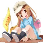  :d between_legs blue_shirt boots brown_eyes brown_hair commentary_request flag flat_cap full_body hand_between_legs hat hataraku_saibou head_tilt headwear_writing highres long_hair looking_at_viewer makuran open_mouth platelet_(hataraku_saibou) shirt shorts simple_background sitting smile solo white_background 