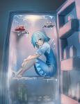  barefoot blue_bow blue_dress blue_eyes blue_hair blush boned_meat bottle bow cirno commentary_request dress eyebrows_visible_through_hair fog food full_body hair_between_eyes hair_bow ice ice_wings in_container in_refrigerator knees_up looking_at_viewer meat puffy_short_sleeves puffy_sleeves refrigerator roke_(taikodon) short_hair short_sleeves sitting sketch smile solo touhou wings 