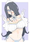  :d absurdres bad_id bad_twitter_id black_hair blue_eyes blue_panties blue_ribbon breasts cleavage donguri_suzume double_w elbow_gloves gloves hair_over_one_eye halterneck hands_up head_tilt highres huge_breasts long_hair looking_at_viewer navel neck_ribbon open_mouth original panties purple_background ribbon round_teeth simple_background smile solo striped striped_panties teeth triangular_headpiece underwear w white_gloves 