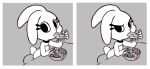  2018 angry anthro bonita_(gaturo) clothing comic digital_media_(artwork) dress eating female frown gaturo hi_res lagomorph looking_at_viewer mammal monochrome rabbit solo 