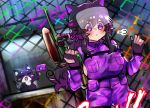  :&lt; :3 :d =_= airsoft bad_id bad_twitter_id black_gloves blush cat chain-link_fence closed_eyes closed_mouth commentary english_commentary fence fingerless_gloves flag ghast_(osiimi) ghost gloves gun helmet holding holding_flag holding_gun holding_weapon long_hair nyarla_(osiimi) open_mouth original osiimi overalls paint_gun pouch purple_eyes purple_hair smile standing weapon 