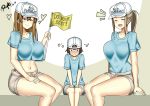  2girls :d ^_^ absurdres age_difference blush breasts brown_hair closed_eyes commentary crop_top embarrassed english english_commentary flag girl_sandwich hat hataraku_saibou headwear_writing heart height_difference highres large_breasts long_hair midriff multiple_girls older open_mouth pants platelet_(hataraku_saibou) ponytail ryle sandwiched shiny shiny_skin shirt short_hair shorts smile tight tight_pants wavy_mouth 