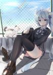  absurdres animal_ears asashio_(azur_lane) azur_lane between_legs black_cardigan black_legwear blue_eyes blue_hair blue_neckwear blue_ribbon blush cat cat_ears cat_tail chain-link_fence collared_shirt commentary_request drink drinking drinking_straw eyebrows_visible_through_hair fence full_body gradient gradient_background hair_ornament hair_ribbon hairclip hand_between_legs highres long_hair long_sleeves looking_at_viewer milk_carton neck_ribbon open_mouth outdoors pink_background pleated_skirt ribbon rooftop school_uniform schreibe_shura shirt skirt solo tail thighhighs thighs uniform 