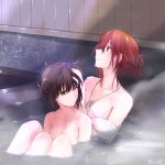  artist_name bath bathing blush breasts brown_hair cleavage dog_tags female_admiral_(kantai_collection) hatsuzuki_(kantai_collection) highres kantai_collection multiple_girls nude onsen partially_submerged pin.s red_hair steam water wet yellow_eyes 