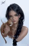  animal artist_name bare_shoulders black-haired_girl_(wlop) black_hair bracelet braid breasts collarbone commentary copyright_name ghostblade gold_bracelet green_eyes hair_ornament highres holding holding_animal jewelry long_hair looking_at_viewer parted_lips patreon_username simple_background wlop 