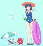  ahoge beach_umbrella black_hair blue_background blue_swimsuit breasts brown_eyes chair character_name collarbone commentary drink enemy_lifebuoy_(kantai_collection) eyebrows_visible_through_hair full_body hat highres innertube kantai_collection long_hair lounge_chair medium_breasts nakaaki_masashi one-piece_swimsuit open_mouth polka_dot polka_dot_swimsuit sandals scrunchie shinkaisei-kan simple_background solo straw_hat sun_hat sunglasses swimsuit umbrella ushio_(kantai_collection) wrist_scrunchie 