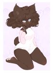  absurd_res anthro blush bottomless breasts brown_fur cat clothed clothing cute darkie_(yeagar) eyelashes feline female fully_clothed fur hair hi_res kneeling looking_at_viewer lynx mammal pawpads shirt solo thick_thighs yeagar 