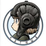  blonde_hair blue_eyes character_name commentary_request cyrillic decal dr._slump girls_und_panzer helmet katyusha parody pravda_military_uniform profile short_hair solo style_parody toriyama_akira_(style) yoshida_hajime 