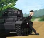  blonde_hair blue_eyes caterpillar_tracks cloud commentary_request day dokuro_chuuso german_commentary grass ground_vehicle gun lowres machine_gun military military_uniform military_vehicle motor_vehicle original panzerkampfwagen_ii sky tank tree uniform weapon 