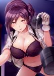  black_vest bra breasts brown_eyes chain cleavage collarbone commentary gloves hagikaze_(kantai_collection) highres holding kamelie kantai_collection large_breasts long_hair navel one_eye_closed open_clothes open_shirt open_vest panties purple_bra purple_hair purple_panties shirt short_sleeves smile solo tongue tongue_out underwear vest white_gloves white_shirt 