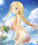  alice_schuberg ass bikini bird blonde_hair blue_eyes blue_sky bow bowtie braid breasts cloud cloudy_sky commentary_request day hairband hand_on_own_chest highres long_hair looking_at_viewer looking_back medium_breasts outdoors palm_tree parted_lips seagull shiny shiny_hair shiny_skin sidelocks sky solo sunlight swimsuit sword_art_online taro_(ultrataro) tree wading water water_drop white_bikini 