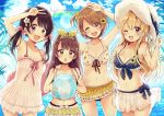  4girls :d :o ;d arm_up ball bangs bare_arms bare_shoulders beachball bikini bikini_skirt blonde_hair blue_bikini blue_sky blush bow breasts brown_eyes brown_hair cleavage cloud collarbone commentary day dress english_commentary eyebrows_visible_through_hair fang flower green_ribbon hair_between_eyes hair_bow hair_flower hair_ornament hair_ribbon hand_on_another's_shoulder hand_up hat holding holding_ball light_brown_hair long_hair looking_at_viewer low_twintails medium_breasts multiple_girls ocean one_eye_closed one_side_up open_mouth original outdoors pink_bow rainbow ribbon sakura_oriko see-through short_hair sky sleeveless sleeveless_dress smile sun_hat swimsuit twintails v very_long_hair water white_bikini white_dress white_flower white_hat yellow_flower 
