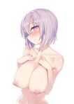  blush breast_suppress breasts bright_pupils collarbone commentary_request fate/grand_order fate_(series) hair_over_one_eye hands_on_own_chest highres huge_breasts kylin lavender_hair looking_at_viewer mash_kyrielight navel nipples nude parted_lips purple_eyes sagging_breasts simple_background solo sweatdrop white_background 