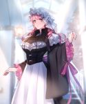  bewear black_dress blurry blurry_background bow brown_eyes dress frills highres indoors lantern long_hair maid_headdress moe_(hamhamham) personification pink_hair pokemon solo stairs standing white_bow wide_sleeves window 
