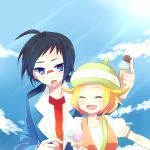  1girl ahoge bel_(pokemon) black_hair blazer blonde_hair blue_eyes blue_jacket breasts cheren_(pokemon) commentary_request glasses green_hat hat jacket pokemon pokemon_(game) pokemon_bw short_hair spica-y0u0g summer 