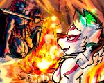  &lt;3 &lt;3_eyes 2018 abs amaterasu anthro anthrofied barazoku blush breasts breath bulge canine capcom clothed clothing deity digital_media_(artwork) duo female fire fur holding_object issun loincloth male male/female mammal manpersonguy markings mask melee_weapon mrease muscular nude oki_(okami) open_mouth pecs smile sword tent tongue topless video_games weapon white_fur ōkami 