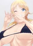  absurdres bangs bare_shoulders black_bikini_top blonde_hair blue_eyes blush breasts cleavage collarbone commentary grin hachimiya_meguru hair_between_eyes hair_ornament hairclip highres idolmaster idolmaster_shiny_colors large_breasts long_hair looking_at_viewer low_twintails one_eye_closed penetration_gesture q_(ed69) simple_background smile solo twintails 