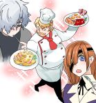 2boys alternate_costume blonde_hair blue_eyes brown_hair chef_hat chef_uniform eating eyepatch facial_hair fate/grand_order fate_(series) food fork fried_egg goldorf_musik grey_hair hair_over_one_eye hat holding holding_fork holding_plate kadoc_zemlupus long_sleeves mgk968 multiple_boys mustache open_mouth ophelia_phamrsolone plate short_hair tomato toque_blanche 