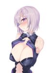  blush breast_suppress breasts bright_pupils center_opening cleavage_cutout covered_nipples elbow_gloves fate/grand_order fate_(series) gloves hair_over_one_eye hands_on_own_chest highres huge_breasts kylin lavender_hair leotard mash_kyrielight navel parted_lips purple_eyes sagging_breasts simple_background solo sweatdrop white_background 
