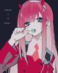  black_background blue_eyes candy copyright_name darling_in_the_franxx eyes_visible_through_hair eyeshadow fangs fingernails food hairband hand_up highres horns jacket lollipop long_hair long_sleeves looking_at_viewer makeup mochizuki_kei necktie open_mouth pink_hair red_jacket solo zero_two_(darling_in_the_franxx) 