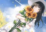  black_hair clouds dress flowers hat long_hair original petals sky summer_dress sunflower yellow_eyes yumaomi 