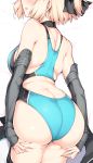  ass back bare_shoulders black_choker black_ribbon blonde_hair blue_swimsuit blush breasts choker cowboy_shot dakimakura deep_skin elbow_gloves fate/grand_order fate_(series) from_behind gloves hair_ribbon harukon_(halcon) head_out_of_frame large_breasts legs_together lying okita_souji_(fate) okita_souji_(fate)_(all) on_stomach one-piece_swimsuit parted_lips ribbon short_hair smile solo swimsuit 