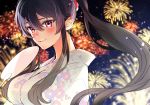  artist_name bangs black_hair blush breasts closed_mouth commentary_request fan fireworks floral_print hair_between_eyes highres irokiiro japanese_clothes kantai_collection kimono large_breasts long_hair looking_at_viewer night night_sky paper_fan petals ponytail red_eyes sky smile solo twitter_username uchiwa very_long_hair yahagi_(kantai_collection) 