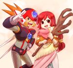  1boy 1girl android axl blush brown_eyes brown_hair child crossover gloves green_eyes hand_on_hip helmet log_horizon long_hair low-tied_long_hair open_mouth red_hair robot rockman salute scar serara simple_background smile solo spiked_hair staff teeth tentokki two-finger_salute white_gloves 