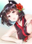  absurdres animal_ears azur_lane bad_id bad_twitter_id black_hair black_kimono blush breasts cat_ears collarbone commentary_request eyebrows_visible_through_hair fang flower hair_flower hair_ornament highres japanese_clothes kimono large_breasts looking_at_viewer lying on_side open_mouth red_eyes shiny shiny_clothes shiny_skin short_hair sideboob solo sweat yamashiro_(azur_lane) yayoichi_(yoruyoru108) 