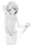 absurdres blush competition_school_swimsuit covered_navel covered_nipples cowboy_shot eyebrows_visible_through_hair flat_chest greyscale hand_up highres idolmaster idolmaster_cinderella_girls looking_at_viewer mammoth9878 monochrome one-piece_swimsuit sasaki_chie short_hair simple_background solo standing swimsuit thigh_gap towel white_background 