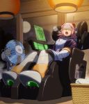  1girl android electric_fan fan headgear headset japanese_clothers moon multicolored_hair nana_(rockman) napo open_mouth pink_hair robot_ears rockman rockman_x rockman_x_command_mission short_hair sitting sleep_mask solo tagme two-tone_hair white_hair 
