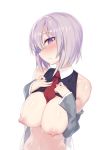  between_breasts blush breast_suppress breasts breasts_outside bright_pupils fate/grand_order fate_(series) hair_over_one_eye hands_on_own_chest highres huge_breasts kylin lavender_hair mash_kyrielight navel necktie necktie_between_breasts nipples off_shoulder parted_lips purple_eyes sagging_breasts shirt_lift simple_background solo sweatdrop white_background 