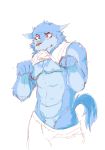 2018 abs anthro biting_clothes blue_fur blush canine clothing clothing_lift digital_drawing_(artwork) digital_media_(artwork) fur kemono lajeumi lifting_clothes male mammal nipples pecs shirt shorts shy simple_background solo tank_top white_background wolf yellow_eyes 