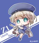  :o androgynous ankle_boots aqua_eyes asimo953 bangs bare_legs big_head blue_background blue_dress blue_hat blue_sailor_collar blush boots cannon character_name chibi clothes_writing colored_eyelashes commentary_request double_vertical_stripe dress eyebrows_visible_through_hair full_body hat highres kantai_collection leg_up light_brown_hair long_sleeves looking_at_viewer microdress no_nose open_mouth outline rigging sailor_collar sailor_dress sailor_hat short_hair simple_background solo standing standing_on_one_leg turret twitter_username white_outline white_pupils wide_sleeves z1_leberecht_maass_(kantai_collection) 