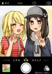  2girls bang_dream! bangs baseball_cap black_eyes black_hair blonde_hair blue_jacket cellphone character_hair_ornament commentary_request eyebrows_visible_through_hair fake_screenshot grey_hoodie hair_ornament hat hood hood_down iphone jacket long_hair long_sleeves looking_at_viewer medium_hair michelle_(bang_dream!) multiple_girls okusawa_misaki phone phone_screen red_shirt shirt short_sleeves smartphone star star-shaped_pupils striped striped_shirt suspenders sweatdrop symbol-shaped_pupils translated tsurumaki_kokoro upper_body v yellow_eyes 