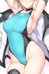  armpits bare_shoulders black_choker black_legwear blonde_hair blue_swimsuit blush breasts choker closed_mouth contrapposto cowboy_shot dakimakura elbow_gloves facing_viewer fate/grand_order fate_(series) gloves hands_up harukon_(halcon) head_out_of_frame jacket jacket_removed large_breasts legs_together lying okita_souji_(fate) okita_souji_(fate)_(all) one-piece_swimsuit short_hair sideboob smile solo swimsuit thighhighs white_jacket 