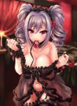  babydoll black_panties bow bow_panties bra breasts cleavage collarbone commentary_request cowboy_shot curtains drill_hair front-tie_top highres idolmaster idolmaster_cinderella_girls kanzaki_ranko lace lace_bra lace_panties large_breasts lingerie looking_at_viewer mouth_hold navel panties red_bow red_eyes ribbon ribbon_in_mouth silver_hair solo strap_pull tdnd-96 thighhighs twin_drills twintails underwear underwear_only wrist_cuffs 