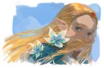  blonde_hair blue_eyes covered_mouth flower lip_(lih8) long_hair pointy_ears princess_zelda solo straight_hair the_legend_of_zelda the_legend_of_zelda:_breath_of_the_wild thick_eyebrows tiara turtleneck upper_body white_flower 