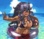  ahoge alternate_skin_color ball beach beachball bikini blue_sky blush breasts cleavage commentary_request covered_nipples dark_skin eyebrows_visible_through_hair hairband hex_maniac_(pokemon) innertube large_breasts looking_at_viewer messy_hair nail_polish navel ocean open_mouth pokemon pokemon_(game) pokemon_xy purple_eyes purple_hair sky solo swimsuit takane_(lovehatsune) tan underboob v water wet 
