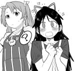  ? abyssal_crane_hime apron blush closed_mouth collarbone commentary_request constricted_pupils eyebrows_visible_through_hair flying_sweatdrops greyscale hair_ribbon heart high_ponytail jitome kantai_collection katsuragi_(kantai_collection) long_hair looking_at_viewer maku-raku monochrome multiple_girls ribbon shirt short_sleeves simple_background spoken_question_mark sweat t-shirt twintails upper_body wavy_mouth white_background zuikaku_(kantai_collection) 