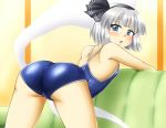  ass back black_hairband black_ribbon blue_eyes bob_cut breasts competition_swimsuit couch d-m_(dii_emu) hair_ribbon hairband hitodama indoors konpaku_youmu konpaku_youmu_(ghost) looking_at_viewer one-piece_swimsuit open_mouth ribbon school_swimsuit short_hair silver_hair small_breasts smile swimsuit touhou 