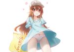 &gt;:&lt; anger_vein angry arms_behind_back blue_dress blush bow bow_panties brown_eyes brown_hair dress flag flat_cap from_below groin hat hataraku_saibou highres long_hair looking_at_viewer panties platelet_(hataraku_saibou) pout shirt short_sleeves simple_background solo standing underwear upskirt white_background white_panties wind wind_lift xing 
