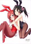  animal_ears black_hair black_leotard black_neckwear bow bowtie brown_legwear bunny_ears bunny_girl bunny_tail bunnysuit detached_collar feet_out_of_frame highres hug hug_from_behind leotard long_hair looking_at_viewer love_live! love_live!_school_idol_project multiple_girls nishikino_maki one_eye_closed pantyhose purple_eyes red_eyes red_hair red_leotard red_neckwear short_hair signature simple_background sitting strapless strapless_leotard surume_(clavis) tail twintails white_background wrist_cuffs yazawa_nico yuri 