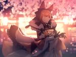  animal_ears black_bow black_gloves bow bracer breasts brown_hair character_check cleavage dog_ears fur_trim gloves green_eyes hair_bow heterochromia large_breasts lycanroc moe_(hamhamham) night outdoors personification petals pokemon red_eyes solo standing tail 