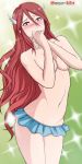  1girl blush breasts cleavage covering embarrassed fire_emblem fire_emblem:_kakusei fire_emblem_heroes long_hair looking_at_viewer midriff navel nintendo no_bra r3dfive red_eyes red_hair small_breasts solo tagme tiamo topless very_long_hair 