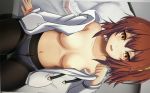  areola_slip areolae bow bow_panties breasts brown_hair brown_legwear collarbone command_spell commentary_request eyebrows_visible_through_hair fate/grand_order fate_(series) fujimaru_ritsuka_(female) hair_ornament hair_scrunchie highres navel open_clothes open_mouth panties panties_under_pantyhose pantyhose scrunchie side_ponytail sitting solo tissue_box towamin underwear white_panties yellow_eyes 