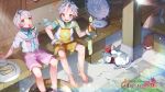  all_male animal barefoot cat fan gloves gray_hair kanola_u logo male popsicle seifuku short_hair shorts summer tasty_saga water yellow_eyes 