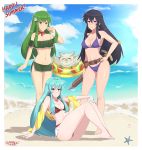  3girls absurdres aira_(fire_emblem) aqua_hair beach bikini bird black_hair blush breasts cleavage eirika feh_(fire_emblem_heroes) fire_emblem fire_emblem:_monshou_no_nazo fire_emblem:_seima_no_kouseki fire_emblem:_seisen_no_keifu fire_emblem_heroes full_body green_eyes green_hair headband highres long_hair looking_at_viewer medium_breasts multiple_girls navel owl paola sarukaiwolf sitting smile standing swimsuit sword weapon 