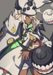  belt blonde_hair breasts cloak colored_eyelashes commentary cowboy_shot dark_skin grey_background guilty_gear guilty_gear_xrd hat highres legs_apart long_hair looking_at_viewer medium_breasts orange_eyes ramlethal_valentine short_shorts shorts simple_background solo standing underboob westxost_(68monkey) white_hat white_shorts 