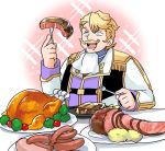  1boy blonde_hair blue_eyes chicken_(food) commentary_request facial_hair fate/grand_order fate_(series) food fork goldorf_musik holding holding_fork long_sleeves male_focus mgk968 mustache open_mouth plate saliva sausage short_hair solo sparkle_background steak tomato 